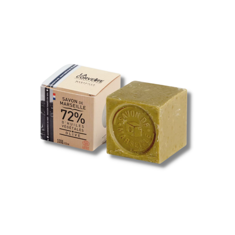 cube savon de Marseille, savon olive écologique, La Corvette, soin naturel, tradition marseillaise, respect environnemental, soin doux.